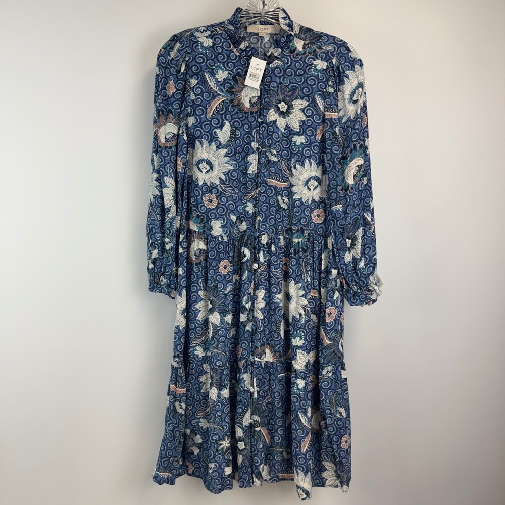 Loft Blue Floral Batik Tiered Midi Shirt Dress Long Sleeve Ruffle Womens S NWT